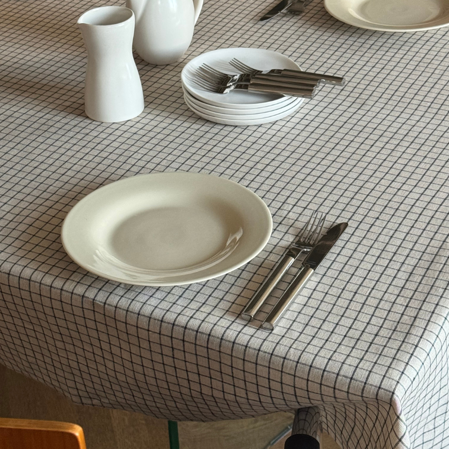lininė staltiesė, mėlyni langeliai