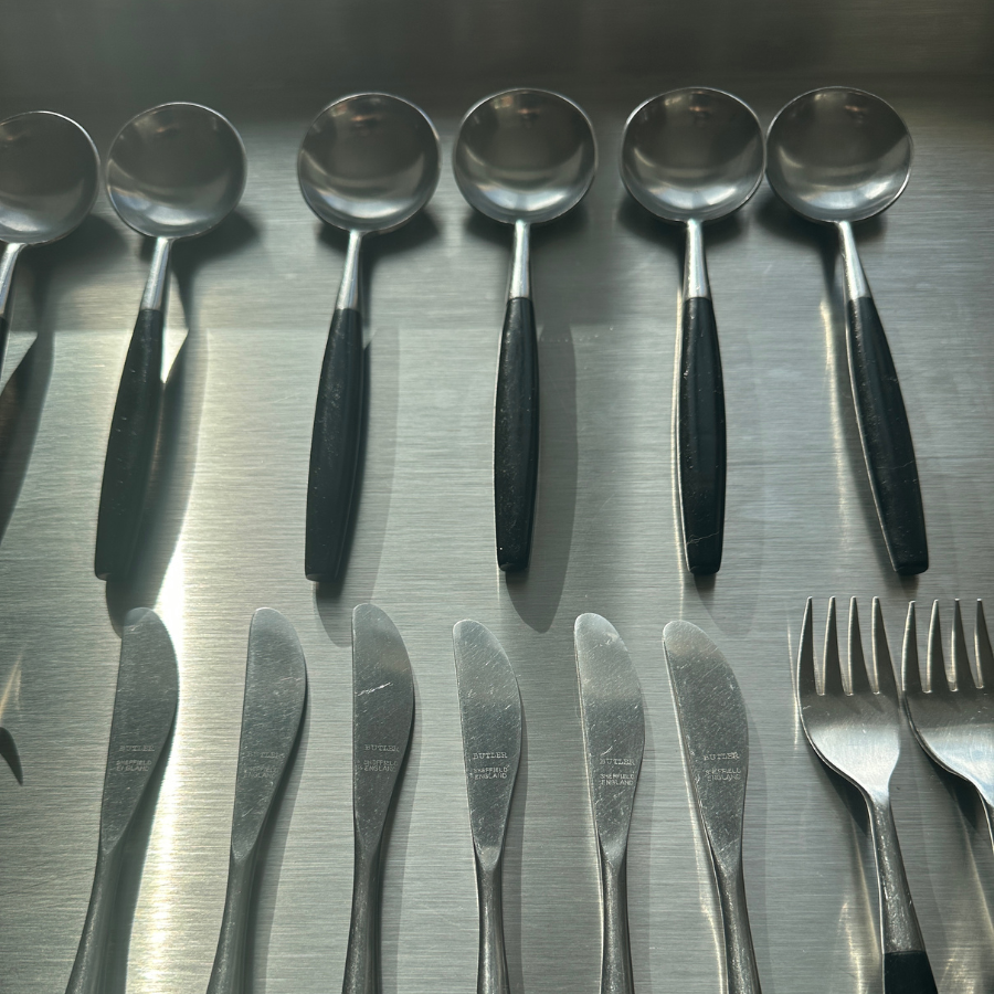 vintage „Butler Sheffield England – SHEBA Stainless“ stalo įrankių rinkinys